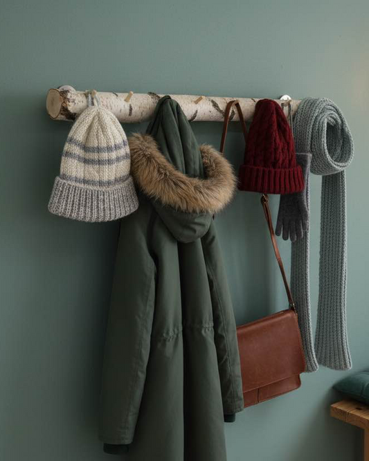 Eine Garderobe aus Birkenstamm mit Haken aus Holz mit verschiedenen Kleidungsstücken an einer grünen Wand.