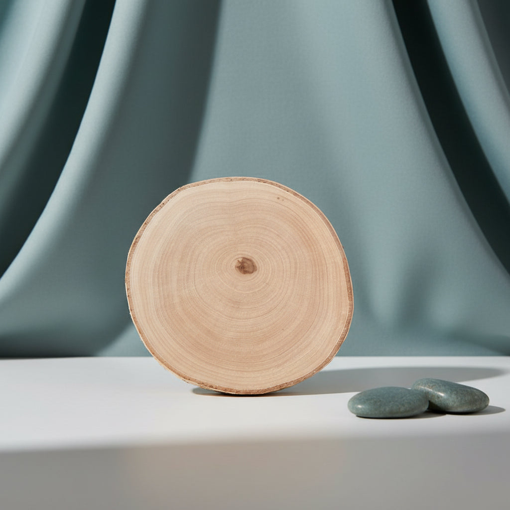 Birkenscheibe mit grünem Hintergrund als Galerie Bild. Scheibe zur Dekoration für deinen Wohnraum. Scheibe circa 15 cm Durchmesser und 3 cm Höhe