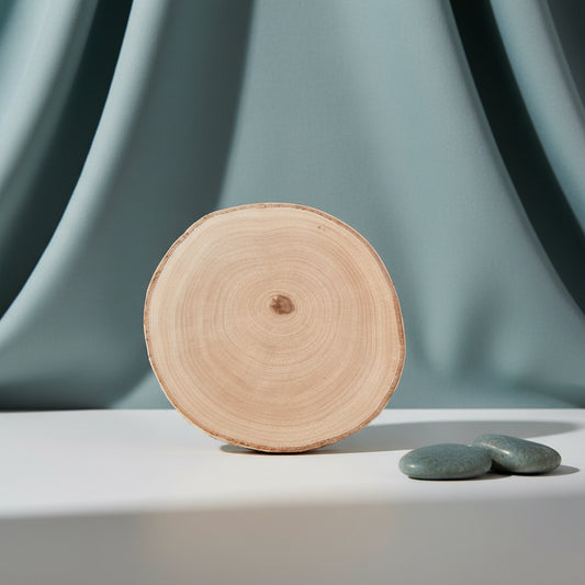 Birkenscheibe mit grünem Hintergrund als Galerie Bild. Scheibe zur Dekoration für deinen Wohnraum. Scheibe circa 15 cm Durchmesser und 3 cm Höhe