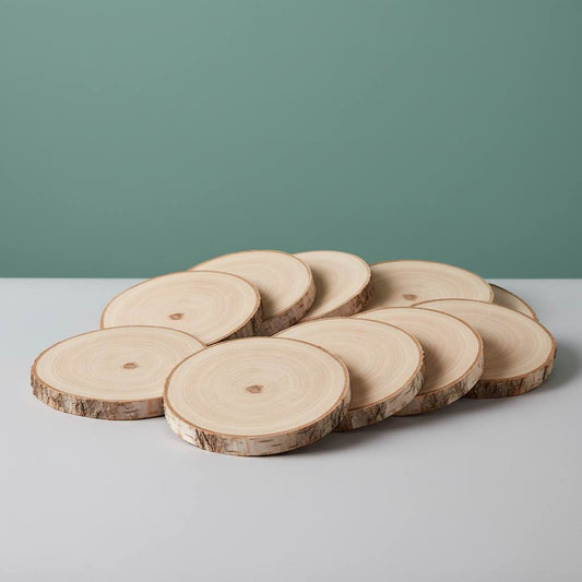 Galeriebild von zehn Birkenscheiben mit grünem Hintergrund. Produktbild von Baumscheiben