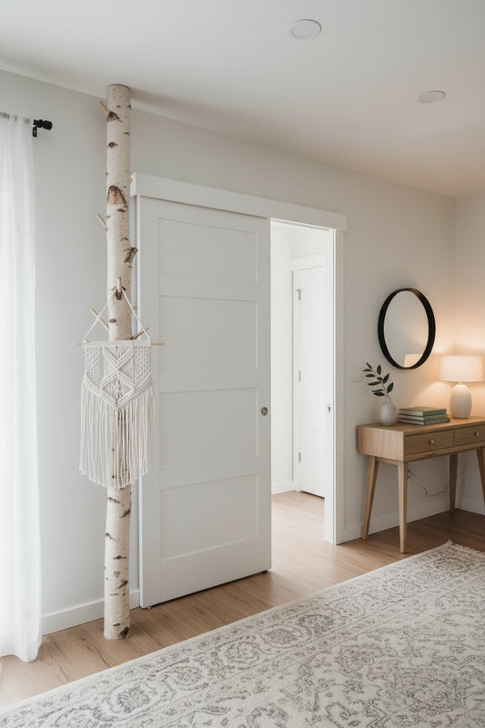 Birkenstamm als Garderobe mit Holzhaken im Raum mit Leute, Spiegel und Türe als Galeriebild für Dekowald.