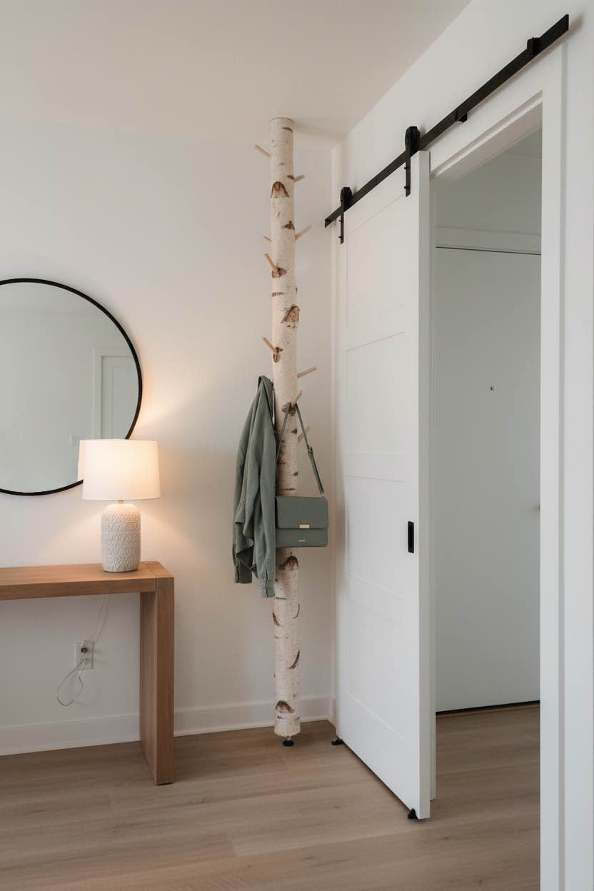 Birkenstamm als Garderobe mit Holzhaken im Raum mit Leuchte, Spiegel und Türe als Galeriebild für Dekowald.