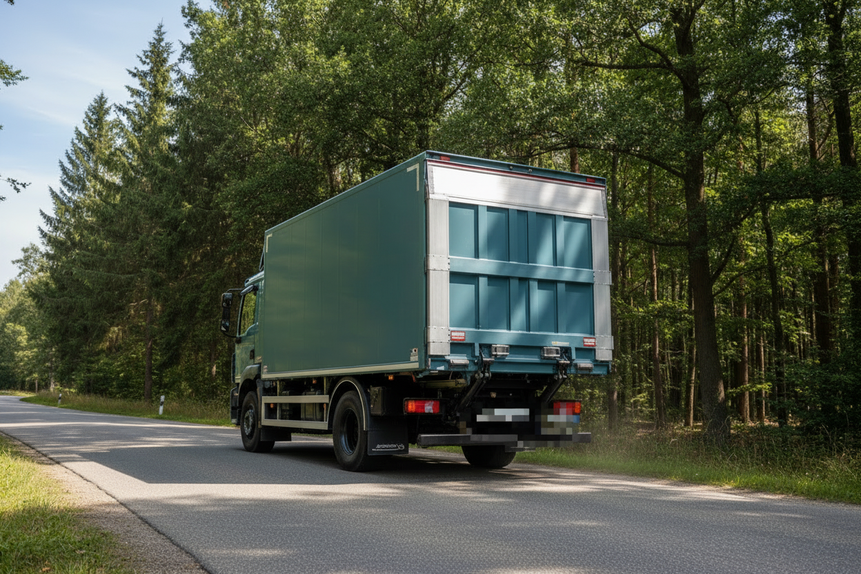 LKW als Darstellung für Versandoption Spedition. Lastwagen fährt auf Landstraße.