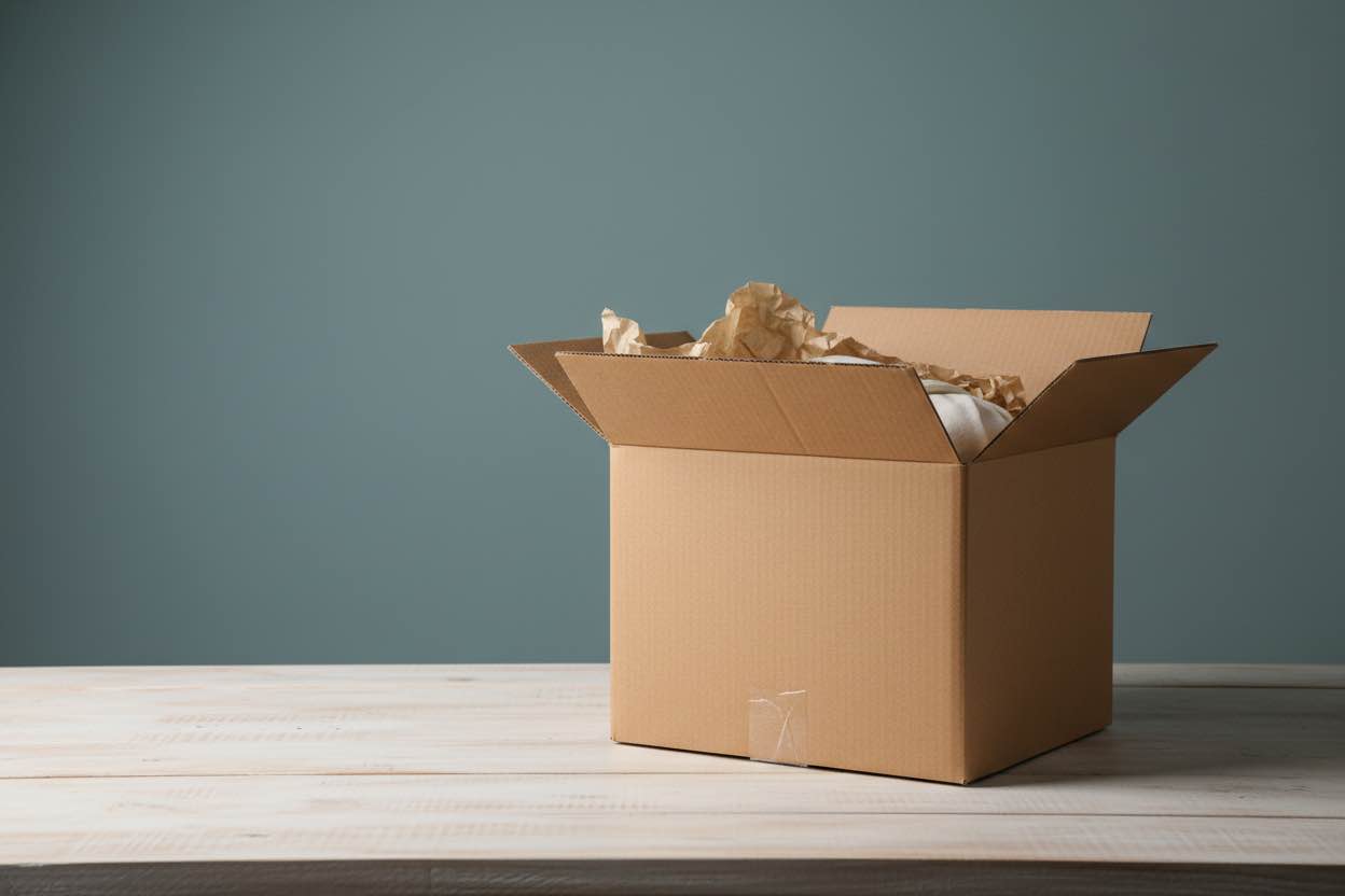 Bild von Versandkarton mit Papierfüllmaterial und grünem Hintergrund.