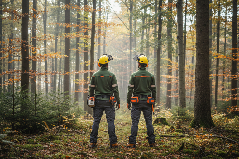 Zwei Waldarbeiter von hinten. Im Hintergrund sieht man einen Mischwald und viele Bäume. 
