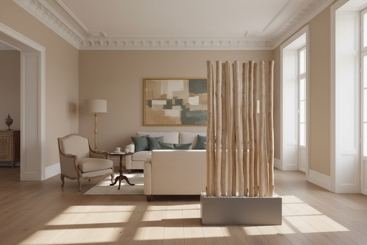 Natürlicher Raumtrenner aus entrindeten Birkenstämmen in einem rechteckigen Kasten mit Kiesfüllung in Wohnzimmer mit Altbaustil. sehr warm mit grünen Akzenten.