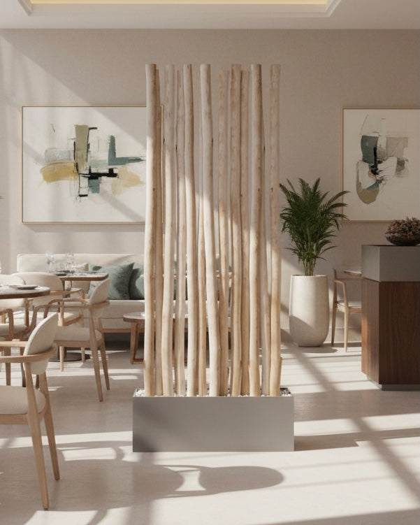 Natürlicher Raumtrenner aus entrindeten Birkenstämmen in einem rechteckigen Kasten mit Kiesfüllung in Restaurant. Helles Raumgefühl, warm.