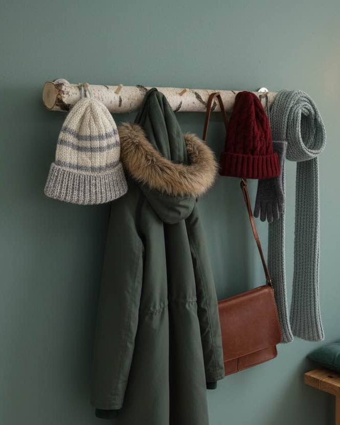 Eine Garderobe aus Birkenstamm mit Haken aus Holz mit verschiedenen Kleidungsstücken an einer grünen Wand. 