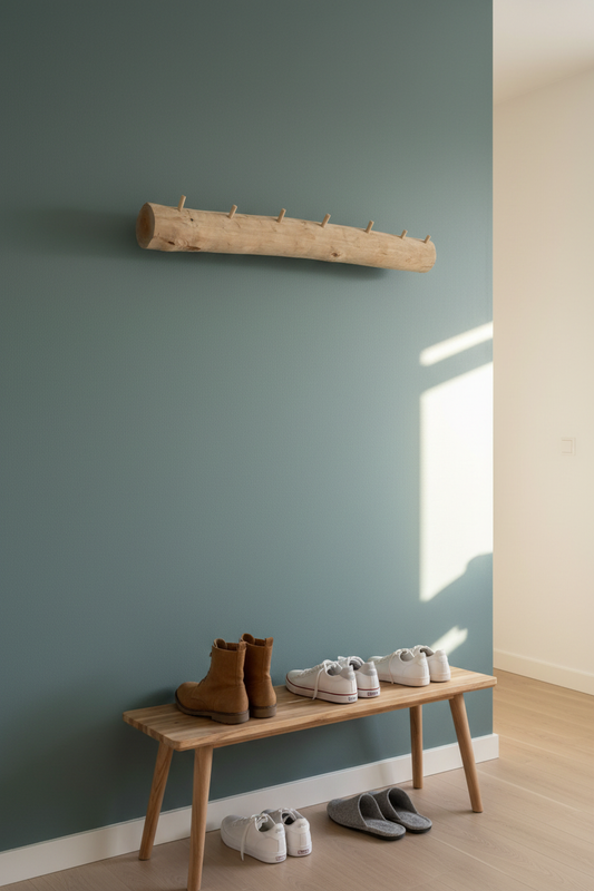 Eine Garderobe aus Birkenstamm mit Haken aus Holz mit verschiedenen Kleidungsstücken an einer grünen Wand. 