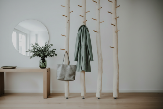 Birken-Garderobe mit eingefärbter Tasche und Jacke