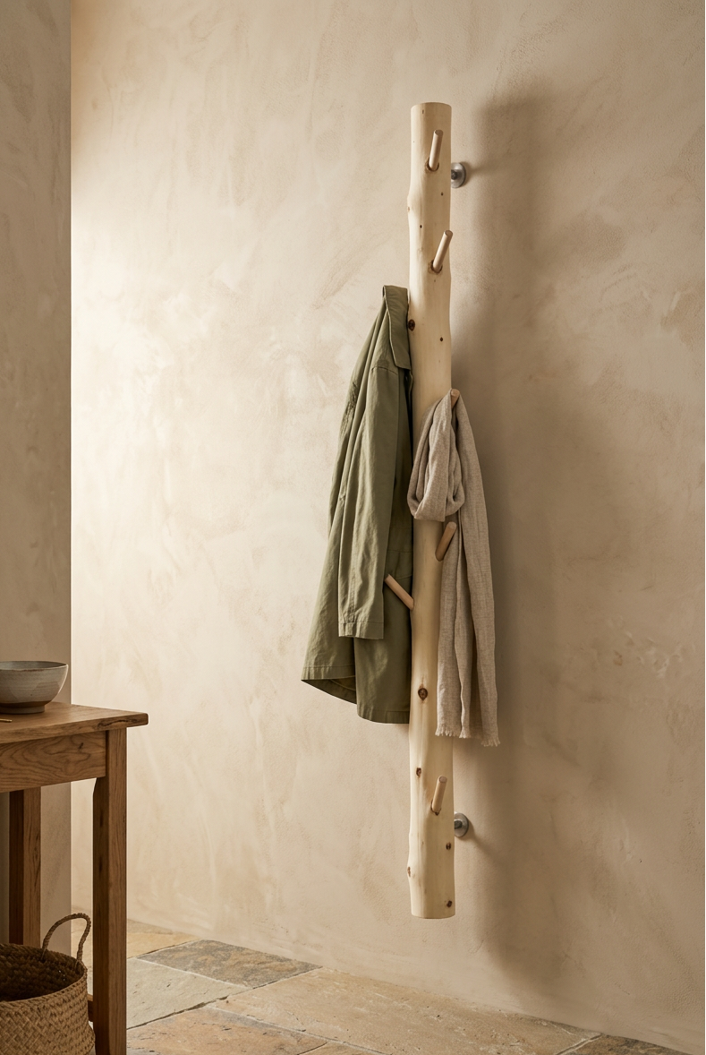 Entrindete Birkenstamm-Garderobe in neuer Kulisse mit olivgrünem Mantel und hellem Schal
